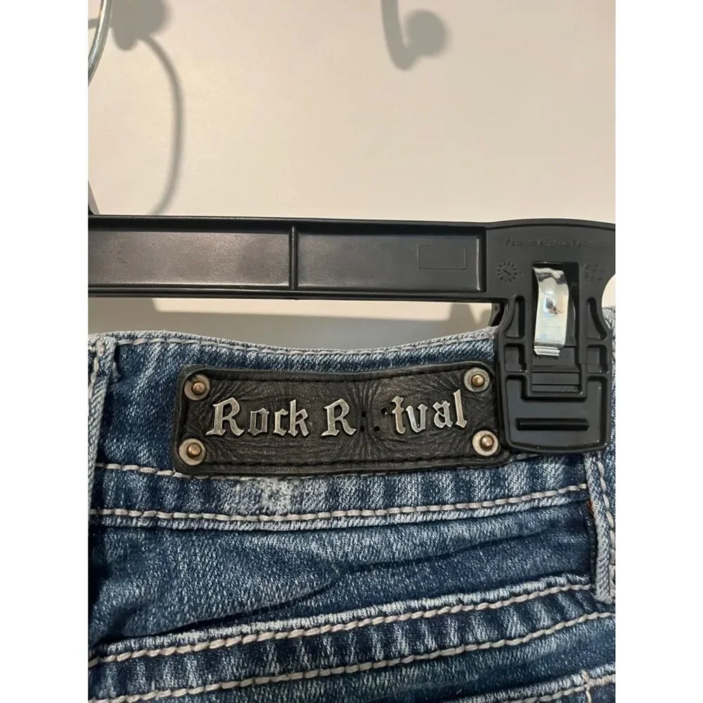 Rock Revival Tori Straight Blue Factory Distressed Denim Jeans Western Rodeo